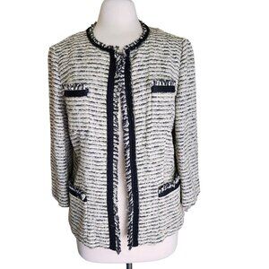 Lafayette 148 Tweed Blazer Women's 12 Metallic Shimmer Navy Blue Silver Career